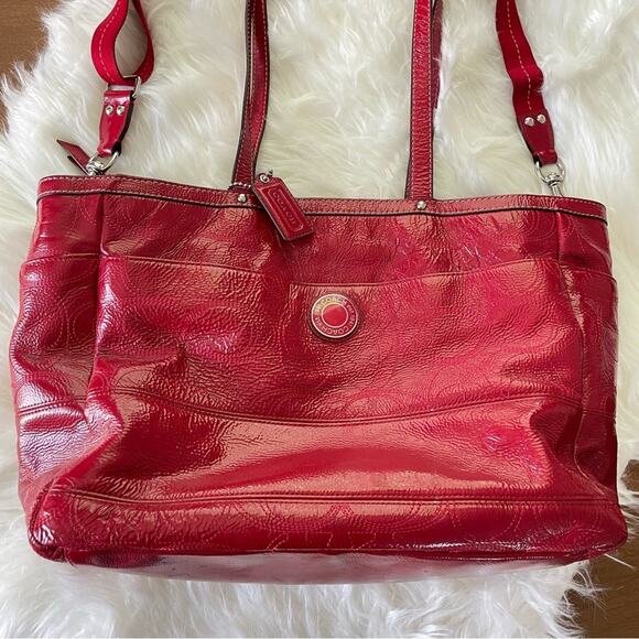 Coach Women Signature C Embossed Garnet Red Patent Leather Diaper Bag Tote Large - Picture 2 of 10